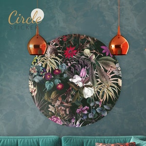 Dark tropical garden wall sticker, Floral Wall Decal, Room Wall Decor, Circle Wall Decal, Peel and Stick, Self Adhesive