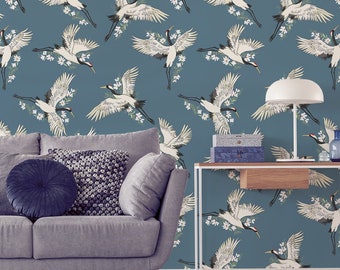 Blue wallpaper with white flying birds, peel and stick wall mural