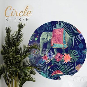 Blue Hindu wall sticker, elephant decal, tropical plant, Room Wall Decor, Circle Wall Decal, Peel and Stick, Self Adhesive