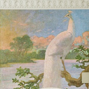 Tapete - weißer Pfau Vogel Vintage Wand Kunst | Abziehen und aufkleben (selbstklebend) oder nicht klebendes Vinylpapier