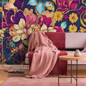 Carta da parati floreale marocchina, murale colorato, decorazione per la casa astratta botanica / carta da parati in vinile staccabile e attaccabile (autoadesiva) o non adesiva