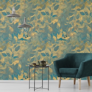 Watercolor teal and yellow leaves wallpaper* | self-adhesive, removable, peel & stick wall mural