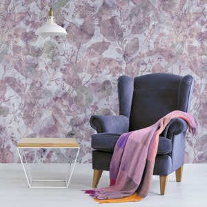 Lila und graue Aquarell Blätter Tapete* | selbstklebende, ablösbare, Peel & Stick Wandbild