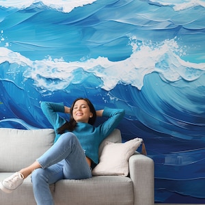 Sea Waves Blue Marine Abstract Painting Wallpaper | Peel and Stick (Self Adhesive) or Non Adhesive Vinyl Paper