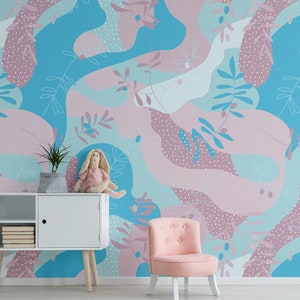 Blue and dusty pink abstract mural with leaves and dots* | self-adhesive, removable, peel & stick wall mural