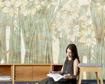 Yellow and green daffodil painting wallpaper | self-adhesive, removable, peel & stick wall mural