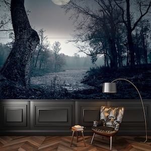 Mystic moon landscape wallpaper,print painting,home decor,wall decal,removable peel and stick wallpaper,wall decor,sticker,outlander,clipart