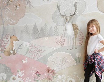 Papel de parede em tons pastel com animais da floresta, mural para quarto de menina (adesivo ou vinílico).