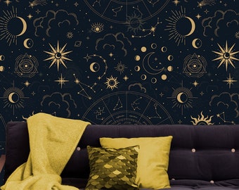 Dark astrology themed wallpaper with small moon and sun pattern | self-adhesive, removable, peel and stick wall mural