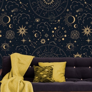 Carta da parati a tema astrologia scura con motivo di piccola luna e sole / murale autoadesivo, rimovibile, staccabile e incollabile