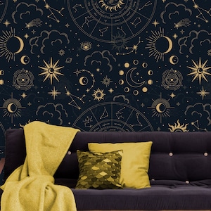 Dark astrology themed wallpaper with small moon and sun pattern | self-adhesive, removable, peel and stick wall mural