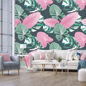 Pink and green leaf motive wallpaper, tropical botanical mural | self-adhesive, removable, peel & stick wall mural