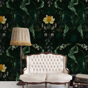 Dark emerald green leaves mural, daffodil flower pattern* | self-adhesive wallpaper, removable, peel and stick wall mural, wall decor