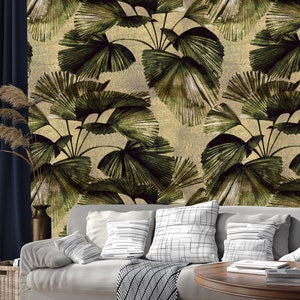 Tropical olive green leaf pattern wallpaper, exotic botanical mural | self-adhesive, removable, peel & stick wall mural