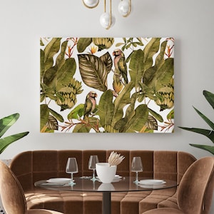 Tropical banana leaf & exotic parrot, Canvas Print, Botanical Print, Modern Wall Decor, Canvas Art, FOR SELF ASSEMBLY