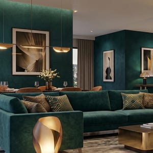 May include: A living room featuring a deep teal velvet sectional sofa, a rectangular coffee table with a metallic gold base and dark wood top, a sculptural floor lamp, and dark teal walls accented by vertical wood paneling and framed wall art.