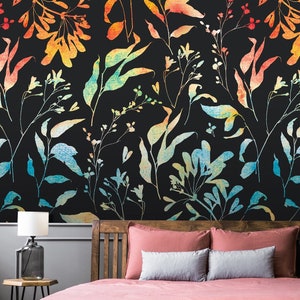 Schwarze botanische Tapete mit regenbogenfarbenem Pflanzenmuster* | selbstklebende, ablösbare, Peel & Stick Wandbild