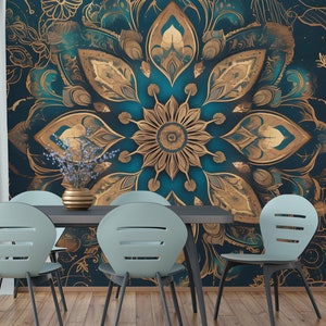 Carta da parati mandala blu, murale in stile budda, arredamento moderno per la casa / Carta vinilica staccabile e adesiva (autoadesiva) o non adesiva