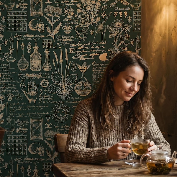 Papel pintado autoadhesivo con motivos de medicina herbal, diseño alquímico, papel pintado verde oscuro, mural botánico retro, arte mural místico, decoración del hogar.