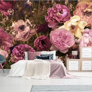Pink peony mural, floral photo wallpaper | self-adhesive, removable, peel & stick wall mural