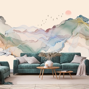 Abstract japanese art wallpaper, painted landscape mural | self-adhesive, removable, peel & stick wall mural