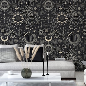Dark Sun, Moon, Star & Planet Pattern Wallpaper, Astrology Themed Mural | Peel and Stick (Self Adhesive) or Non Adhesive Vinyl Paper
