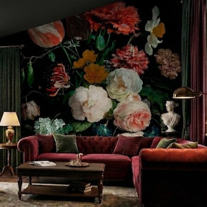 Dark Floral Still Life Peel and Stick Wallpaper, Dutch Flowers Wall Mural, Dark Botanical Wall Art, Home Decor