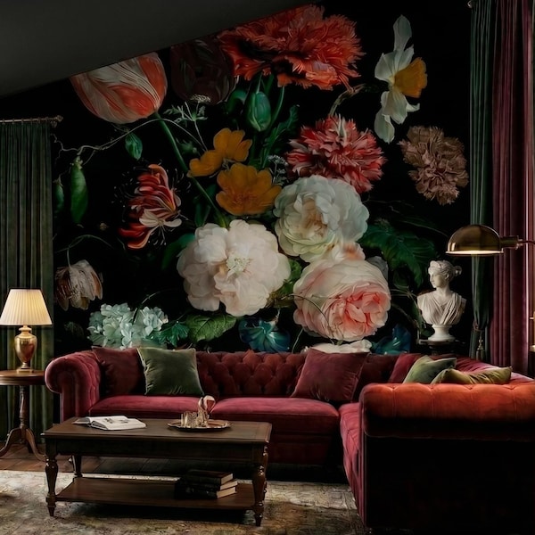 Dark Floral Still Life Peel and Stick Wallpaper, Dutch Flowers Wall Mural, Dark Botanical Wall Art, Home Decor