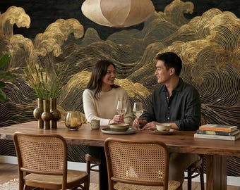 Dark japanese sea waves art wallpaper, non gold wall mural, vintage home decor | Peel and Stick (Self Adhesive) or Traditional Vinyl Paper