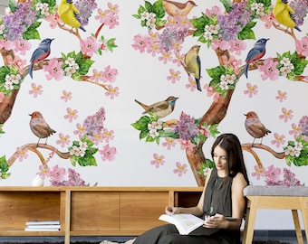 Watercolor Birds on Trees Peel and Stick Wallpaper