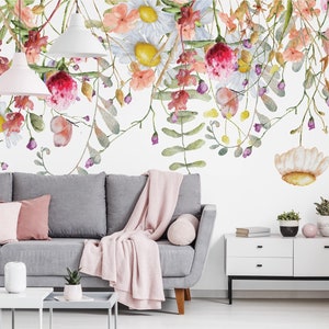 Carta da parati con margherite ad acquerello e fiori di campo sospesi, decorazione murale floreale / stacca e incolla (autoadesiva) o carta vinilica non adesiva