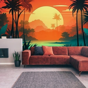 Abstract Retro Sunset Tropical Wallpaper, Palm Trees Wall Mural | Peel and Stick (Self Adhesive) or Non Adhesive Vinyl Paper