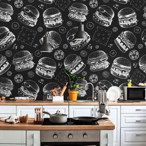 Papel pintado de hamburguesa y queso en blanco y negro, mural de pared de cocina y restaurante / Peel and Stick (autoadhesivo) o papel de vinilo no adhesivo