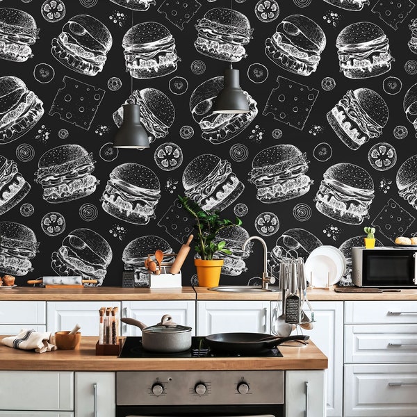 Black and White Hamburger & Cheese Wallpaper, Kitchen and Restaurant Wall Mural | Peel and Stick (Self Adhesive) or Non Adhesive Vinyl Paper
