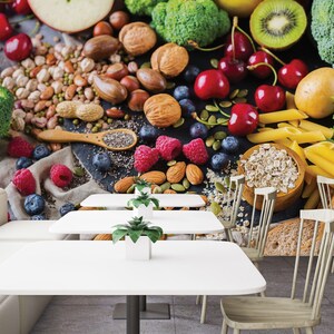 Bunte Lebensmittel Tapete, Veggie, Obst, Nüsse, Restaurant & Küche Wanddeko | Schälen und aufkleben (selbstklebend) oder nicht klebendes Vinylpapier