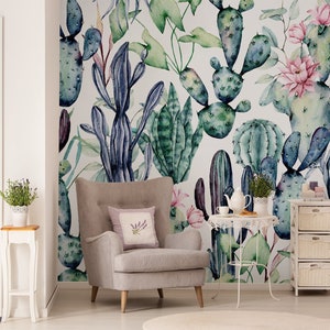 Carta da parati con cactus ad acquerello, autoadesivo, murale botanico con buccia e bastone