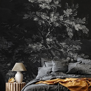 Black and white landscape wallpaper with tree | Peel and Stick (Self Adhesive) or Non Adhesive Vinyl Paper