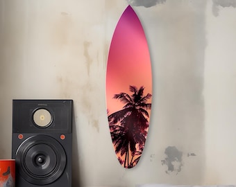 Decoração de parede artesanal em formato de prancha de surf com palmeiras, arte boho costeira, impressão em Dibond.