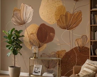Brown botanical wallpaper, abstract floral wall mural, vintage home decor | Peel and Stick (Self Adhesive) or Traditional Vinyl Paper