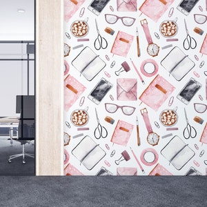Watercolor wallpaper with office stuff | Peel and Stick (Self Adhesive) or Non Adhesive Vinyl Paper