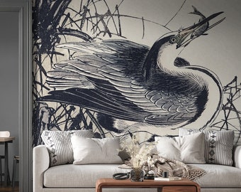 Heron Bird Vintage Hand Drawn Illustration Wallpaper | Peel and Stick (Self Adhesive) or Non Adhesive Vinyl Paper