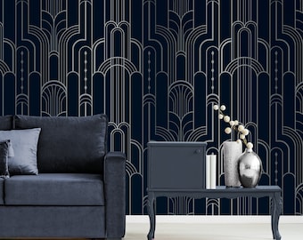 Dark navy and gray art deco geometric pattern wallpaper, Peel & Stick, Self Adhesive Removable Wall Mural