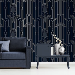 Tapete mit geometrischem Art-Deco-Muster in Marineblau und Grau, Schälen und Aufkleben, selbstklebendes Wandbild