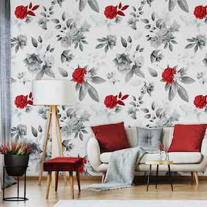 Monochrome Rose Wallpaper, Gray and Red Accent, Floral Wall Decor* | Peel and Stick (Self Adhesive) or Non Adhesive Vinyl Paper