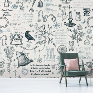 Hellelfenbein Alchemie Motivtapete mit Raben, Fledermäusen, Pflanzen und mystischen Symbolen* | selbstklebendes, ablösbares Wandbild