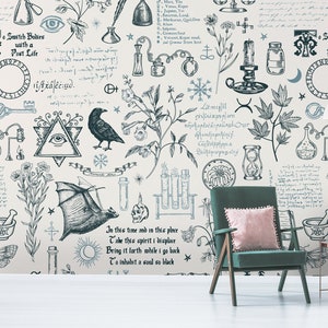 Light ivory alchemy motive wallpaper with ravens, bats, plants and mystic symbols* | self-adhesive, removable, peel and stick wall mural