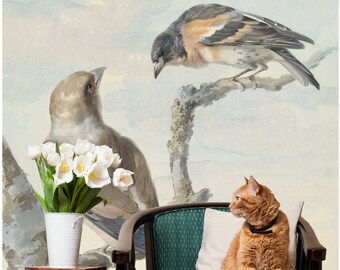 Watercolor birds on a branch wallpaper, Peel & Stick, Self Adhesive Removable Wall Mural