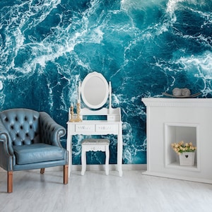 Marine Wallpaper, Blue Sea Waves & Foam Wall Mural | Peel and Stick (Self Adhesive) or Non Adhesive Vinyl Paper