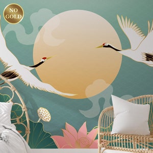 Decorazione murale Art Déco con gru giapponese, fiore di loto e sole, carta da parati con uccelli/stacca e incolla (autoadesiva) o carta vinilica non adesiva