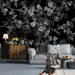 Black and white floral motive wallpaper | self-adhesive, removable, peel and stick wall mural